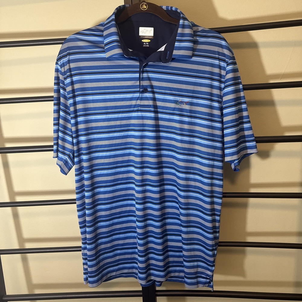 Greg Norman Play Dry Golf Polo Shirt Mens Striped Short Sleeve Blue Size XL NWOT